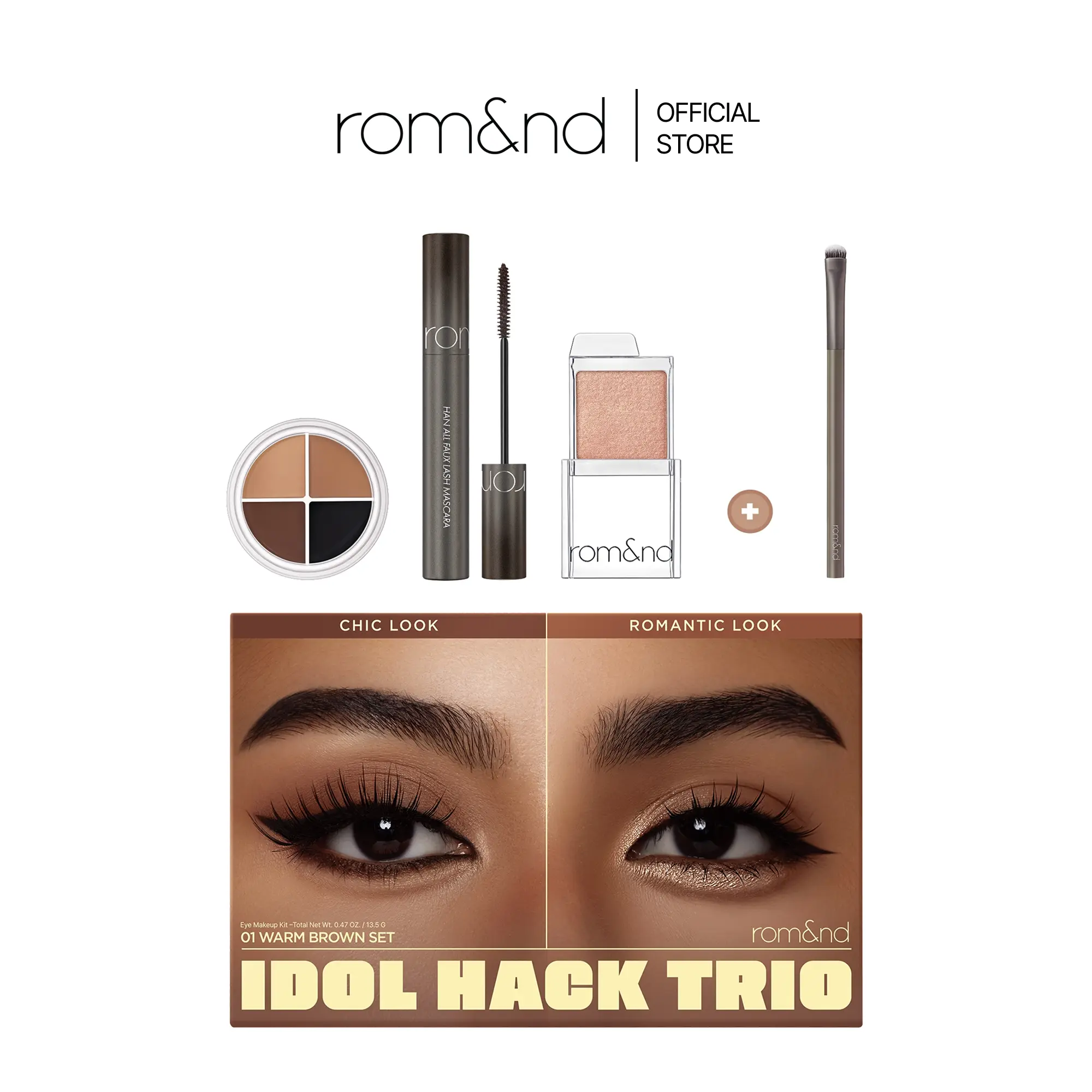 rom&nd Idol Hack Trio Eye Makeup Kit - Safe Cosmetic Set with Pot Liner, Eyeshadow, Mascara, Free Brush for Versatile Glam Makeup