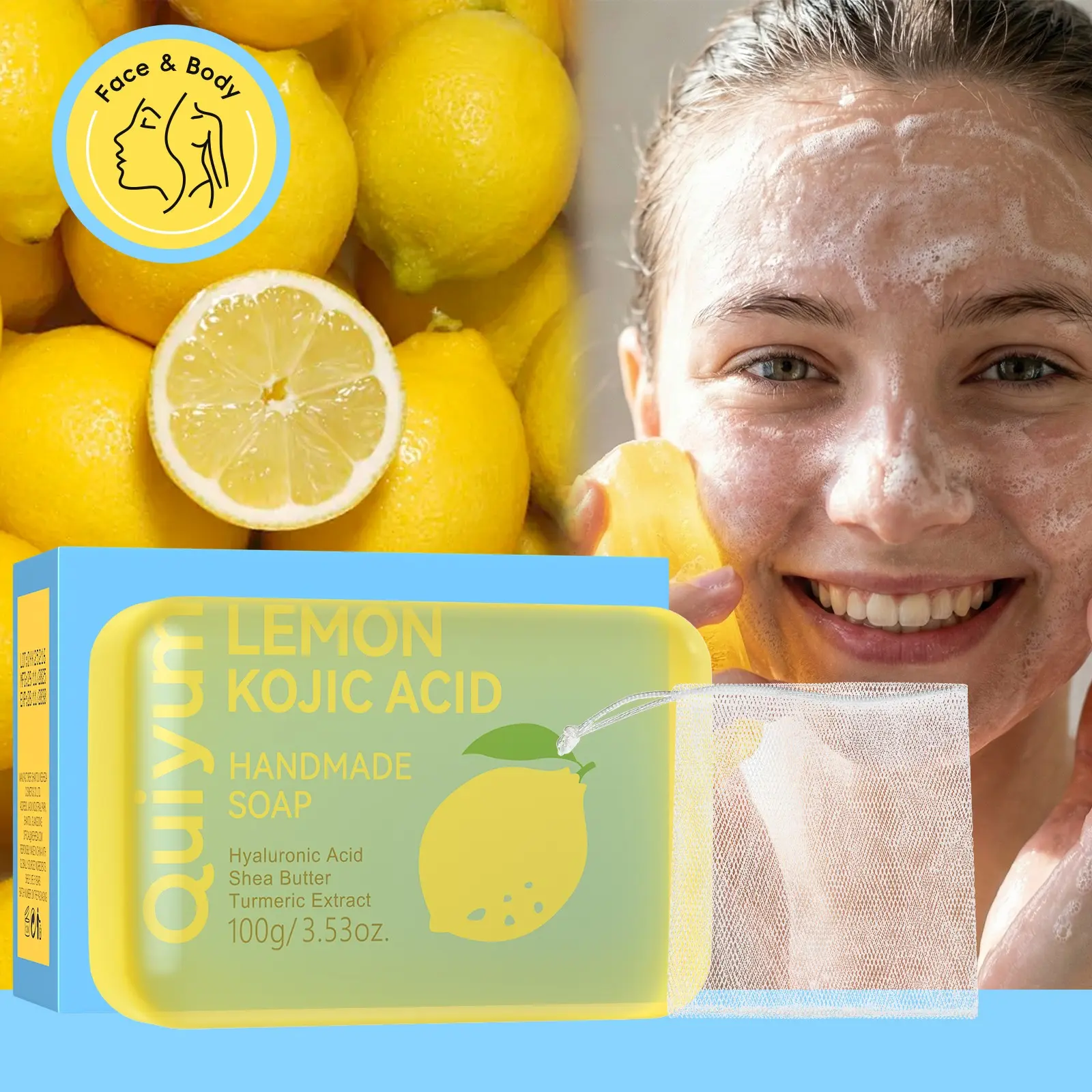 QUIYUM Lemon Kojic Acid Handmade Soap, Gentle Exfoliating & Moisturizing Skin Care Soap, Deep Cleansing, Oil Control & Skin Brightening