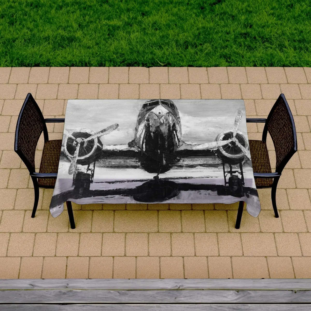 Begin Home Decor C1TCLRGEY3EV0Z Default 1-Piece Large Size 58"x102" Rectangle Grayscale Aviation-Theme Plane Tablecover, 3.5 lbs, Indoor & Outdoor Furniture Table Cover for Garden Use