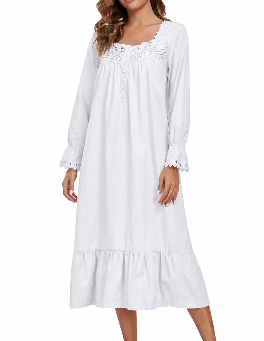 VIAKEO Lady's 100% Breathable Cotton Long Sleeve Nightgown - Vintage Style, Comfortable Fit, Elegant Victorian Woven Bridal Sleepwear, Loungewear with Lace Trim, Button Front, Side Pockets, Ruffled Hem, Everyday House Dress
