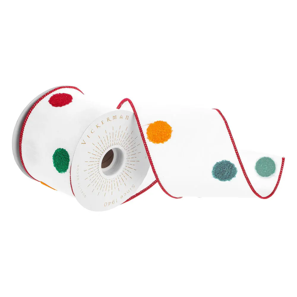 Vickerman Q229180 4 in. x 10 yards Fuzzy Dot Wired Edge Christmas Ribbon, White