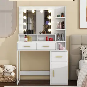 Oakault Small Vanity Desk with Mirror and Lights, Modern Dresser with 4 Drawers, Storage Shelves, Mini Makeup Vanity with Lights 10 Bulbs and Adjustable Brightness, Dressing Table for Bedroom,Pure White