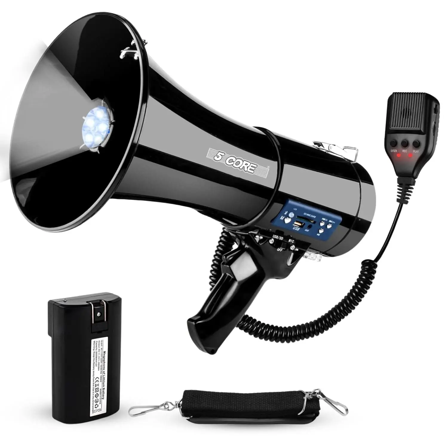 5 Core Megaphone Bullhorn 50W Speaker w Bluetooth LED Siren Handheld Mic Adjustable Volume Shoulder Strap Loud Clear Audio for Crowd Emergency Sports Events - ER 66BTUC LGT WB