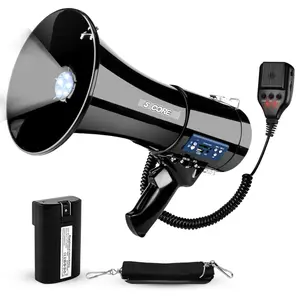 5 Core Megaphone Bullhorn 50W Speaker w Bluetooth LED Siren Handheld Mic Adjustable Volume Shoulder Strap Loud Clear Audio for Crowd Emergency Sports Events - ER 66BTUC LGT WB