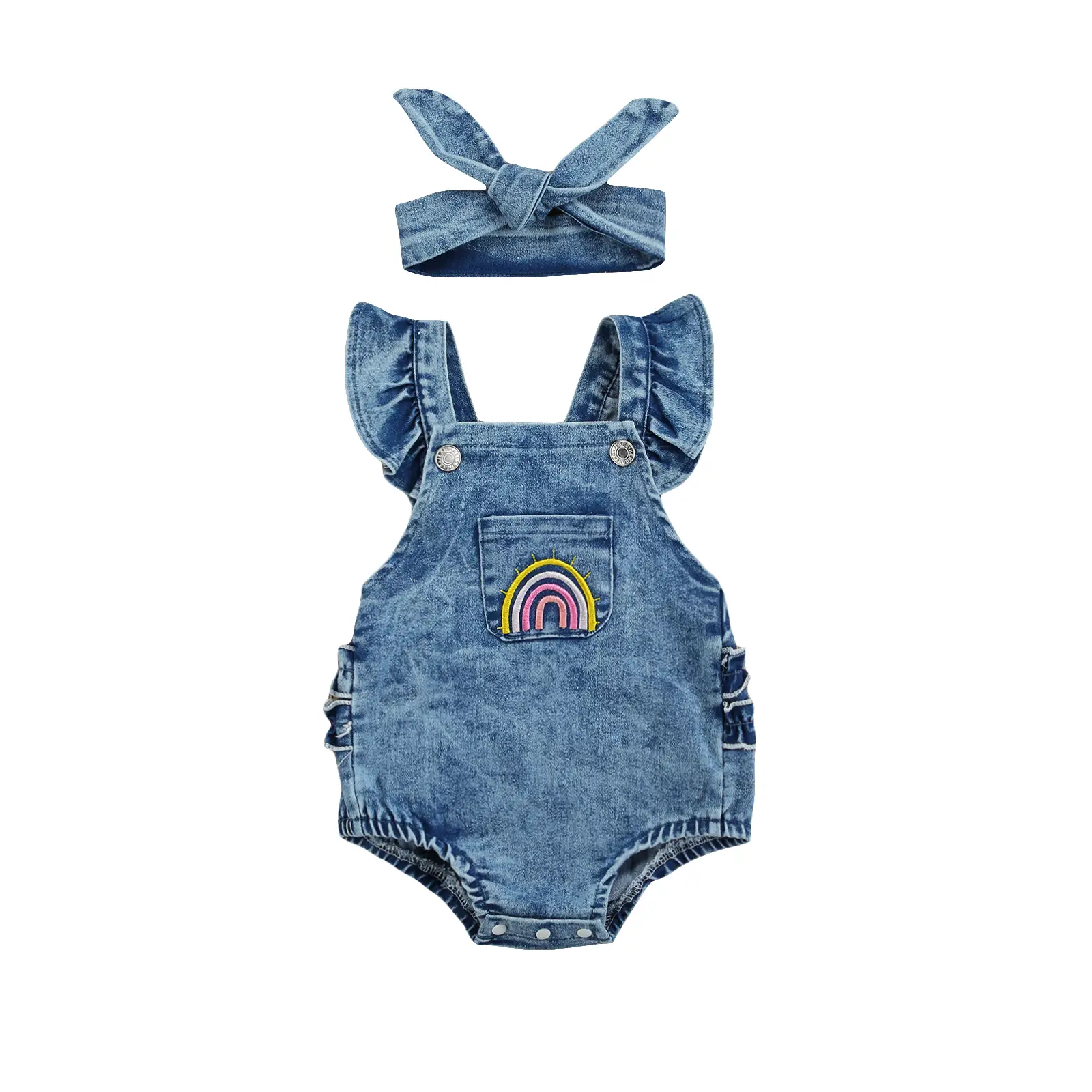 Newborn Baby Girls Rainbow Rompers Sleeveless Summer Ruffle Bodysuit Denim Rib Jumpsuit Headwear 2pcs Outfit Set Cute