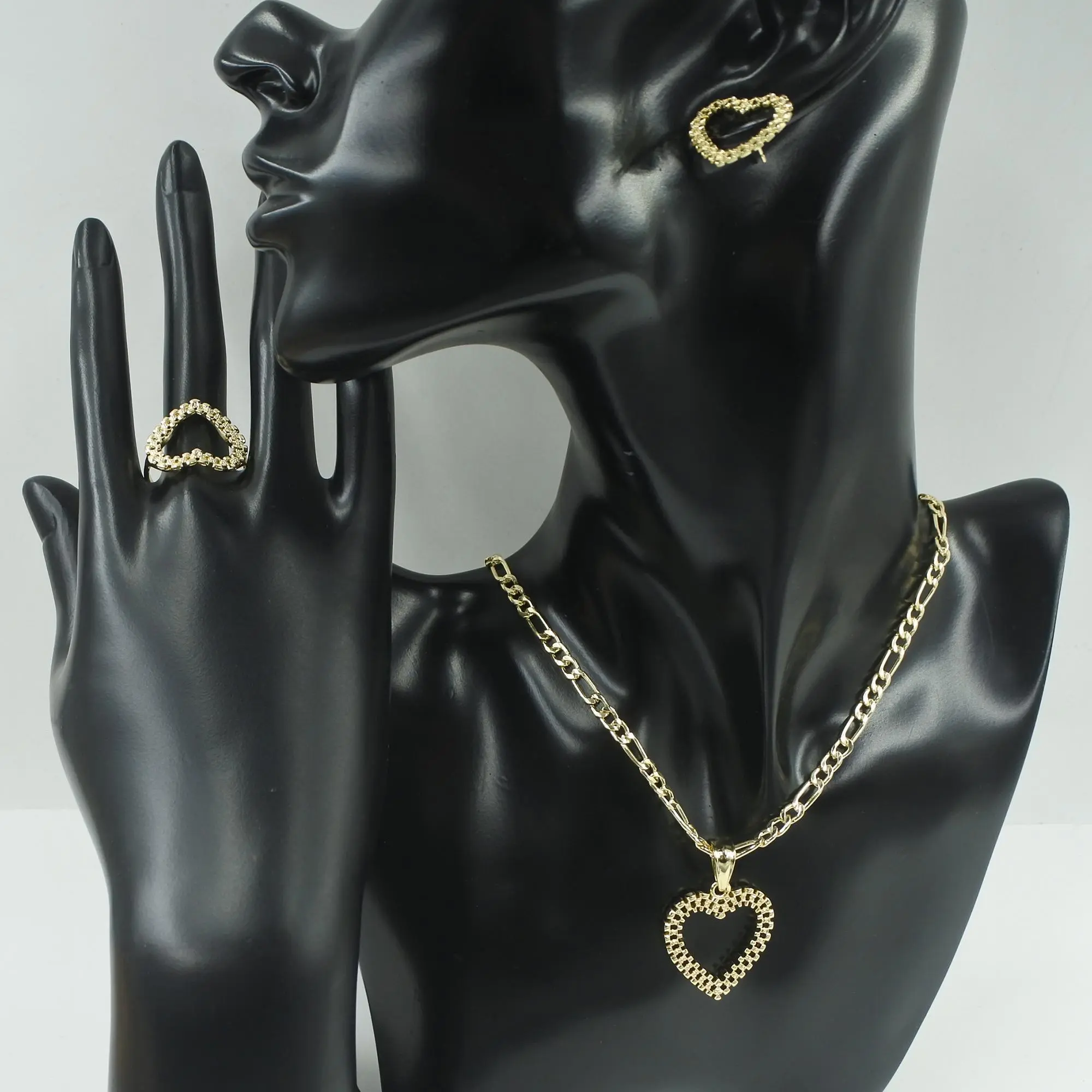 Women's Heart Shape Hip Hop Jewelry Set Punk Hollow Design 14K Gold Earrings Rin