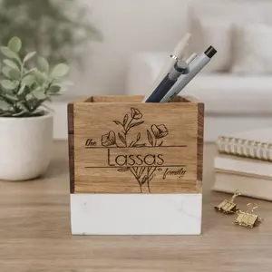 Personalized Family Name Gift – Engraved Marble & Wood Pencil Holder