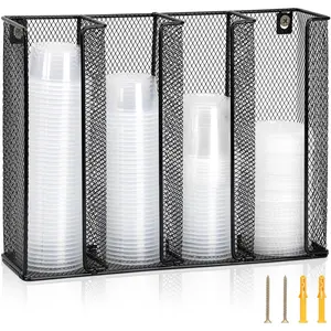 Wall Mount 4 Compartments Iron Sauce Cup Lid Organizer Dispenser Black Fits 2 to 5.5 oz Cups For Kitchen Counter Restaurant Coffee Bar 13x10x3.3 In