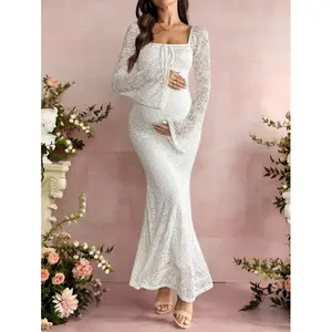 Valentine's Day White Flare Sleeve Lace Bodycon Fishtail Maternity Dress