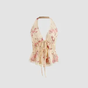 Cider Women's Floral Knotted Halter Neck Tank Top, 2 Colors, Size Range 0-10