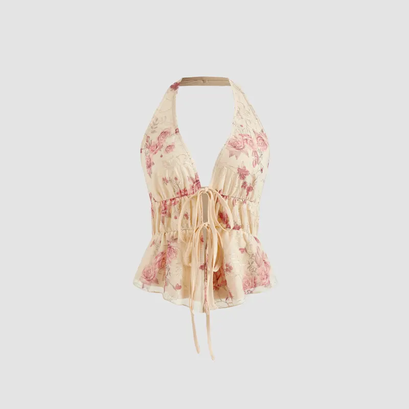 Pink flower halter neck top small brand - TikTok Shop