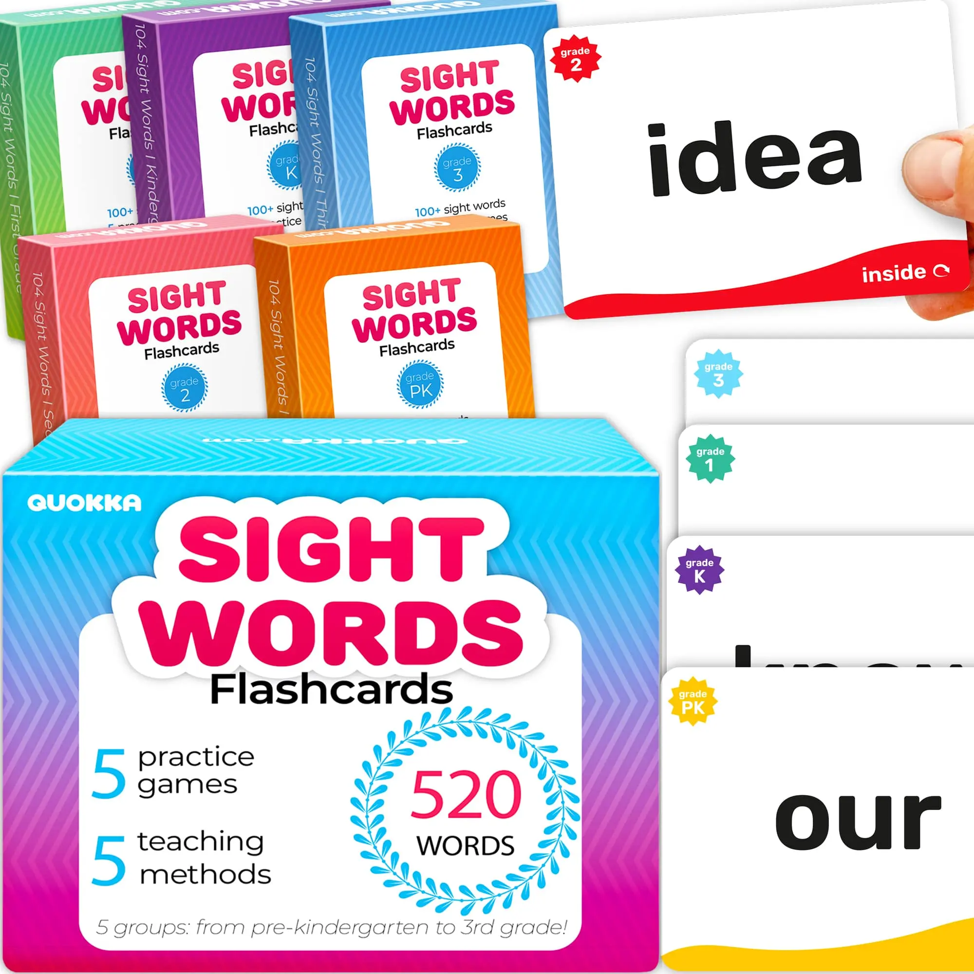 QUOKKA Sight Words Flashcards - 520 Level-Based Learning Cards for Kids (Ages 5+, Pre-K to 3rd Grade), Dolch & Fry Lists, 5 Color-Coded Levels, Age 5+