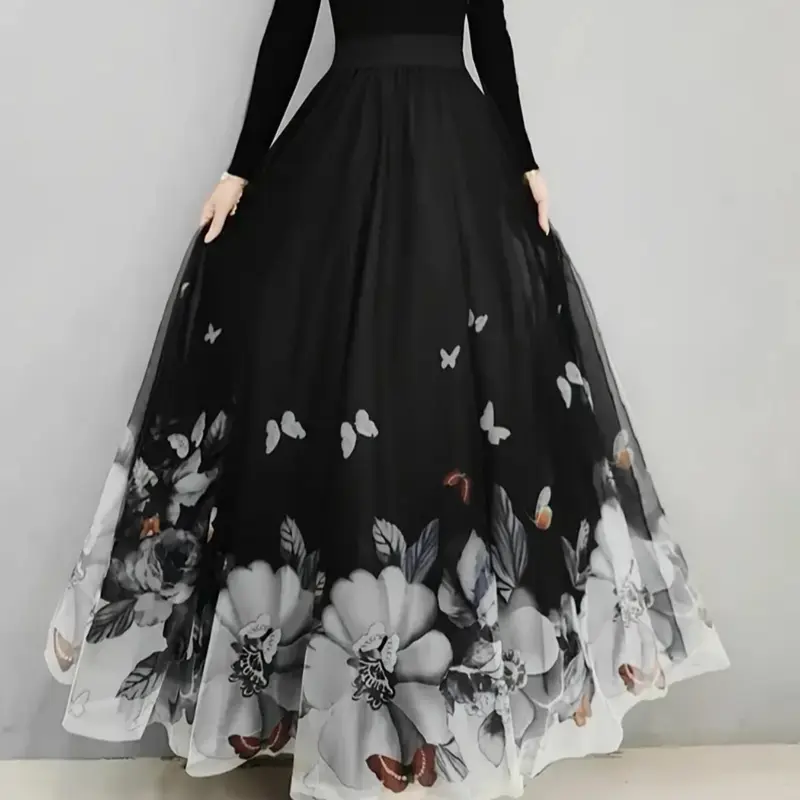 Plus Size Butterfly & Floral Print Tape Waist Boho Hippie Skirt, Boho Casual Skirt, Elegant Contrast Mesh A Line Skirt for Wedding Guest, Women's Plus Size Bottoms for All Seasons