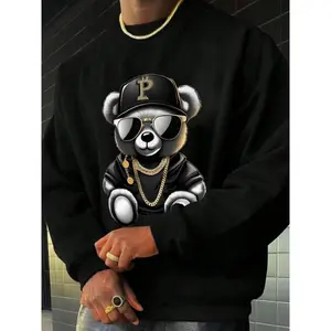 Men's Cartoon Bear Print Drop Shoulder Thermal Lined Sweatshirt, Regular Fit Casual Long Sleeve Round Neck Pullover for Fall & Winter, Men's Clothes for Daily Wear