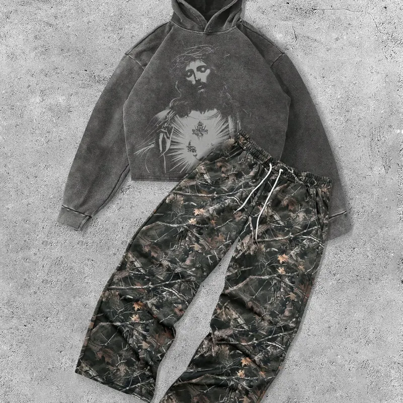 Two-Piece Set Men's Camo Print Sweatshirt & Sweatpants Set, Regular Fit Casual Long Sleeve Pullover & Jogger Pants, Men's Two-piece Outfits for Daily Wear