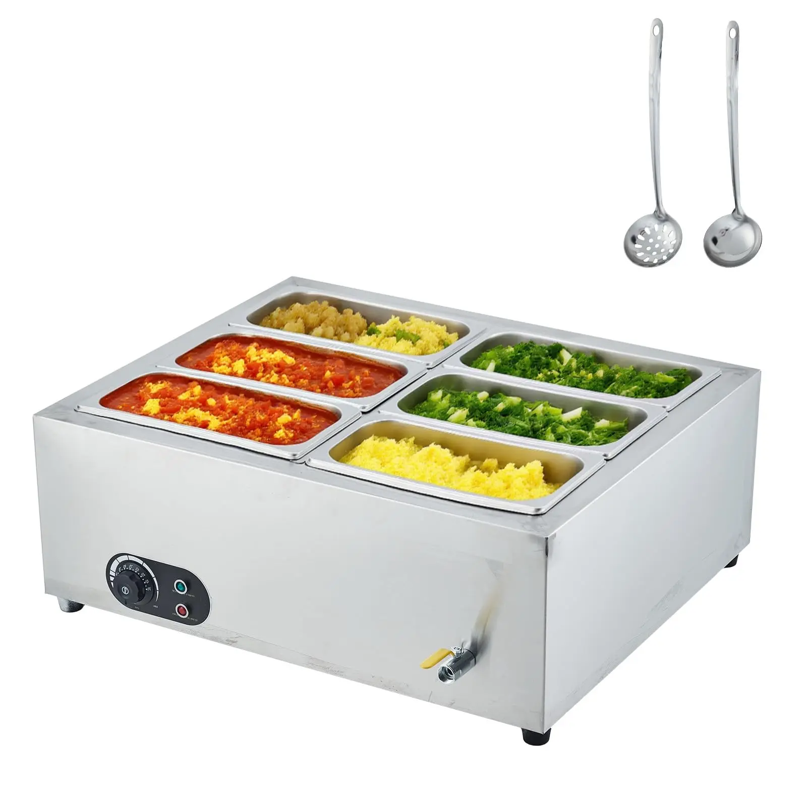 Garvee Commercial Food Warmer, 1500W Stainless Steel Buffet Food Warmer, 6-Pan Fast Heating Countertop with Soup & Perforated Ladles for Parties Buffet Servers and Warmers, Tap, Sliver