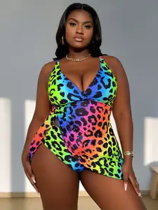 Plus Size High Stretch Polyester-Blend 1-Piece Swimsuit - Rainbow Leopard Print, Deep V Neck, Tummy Control, Cut Out Side, Beach Use, High Stretch Swimwear, Plus Sized Bathing Suits