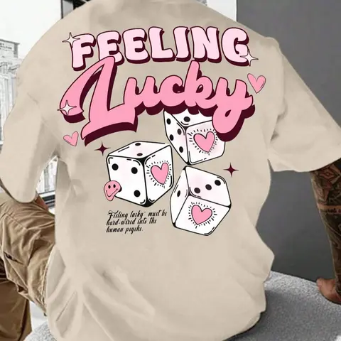 Men's Cartoon Dice & Letter Print Drop Shoulder Tee, Regular Fit Casual Street Short Sleeve Round Neck T-Shirt for Summer, Men's Top for Daily Wear, Menswear