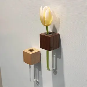 New solid wood flower arrangement magnetic refrigerator magnet new creative car decoration magnetic flower arrangement vase high-end Floral Decorative Wooden  Iron Sticker Glass