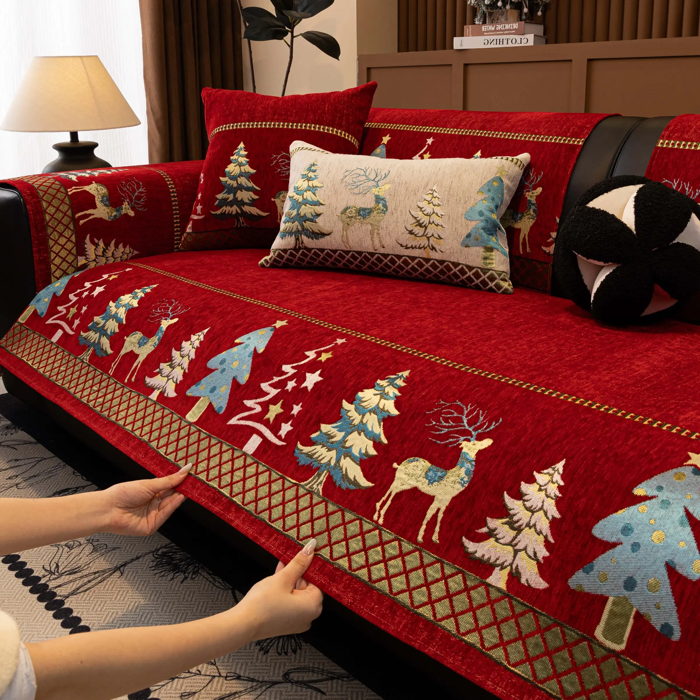 1Pc Christmas Chenille Sofa Cover, Red Reindeer & Tree, Non-Slip Washable Sofa Pad, Sofa Cushion Cover, Pet-Friendly, Fits Armchair/Loveseat/3-Seater/Sectional, Sofa Couch Covers