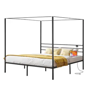 King Size Metal Canopy Bed Frame With Four-Poster Design, Built-In Charging Station With USB Ports, Sturdy Powder-Coated Metal Construction Easy Assembly, Modern Bedroom Furniture With Ample Headboard, Sleep Surface, Timeless Look