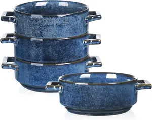 vicrays Ceramic Soup Bowls with Handles, 24 Oz Porcelain Soup Crocks for French Onion Soup, Pot Pies, Cereal, Chill, Pasta, Beef Stew, Microwave and Oven Safe, Set of 4 (Blue) Tableware