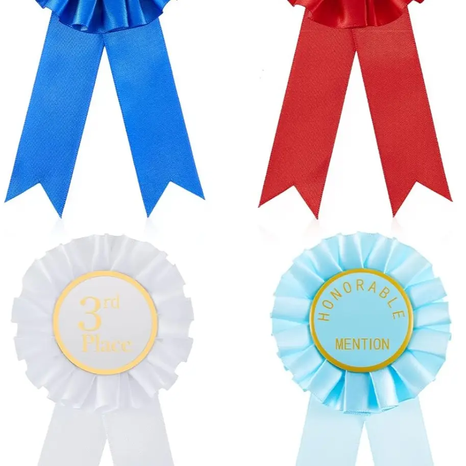 Rosette Style Satin Award Ribbons - 4-Piece Set (1st, 2nd, 3rd Place & Honorable Mention Badges) with Write-On Back, Sturdy Stitching, Exquisite Craftsmanship for Graduations, Sports Ceremonies, Volleyball Games, Shows