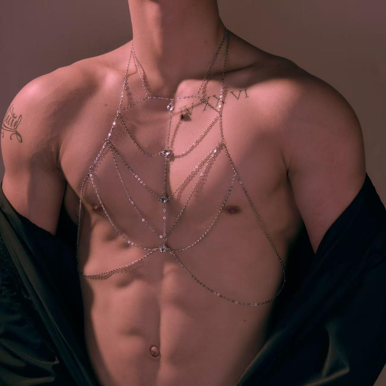 Men's Polished Metal Alloy Body Chain Harness - Adjustable, High-Shine, Resists Tarnishing, Sexy Look Men's Body Jewelry for Parties, Special Occasions, Male