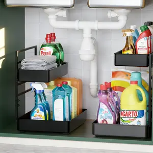 EVERIE Magic Pull-Out Under Sink Storage Cabinet Shelf for Kitchen Bathroom  (2/Set Black) No Drill Needed