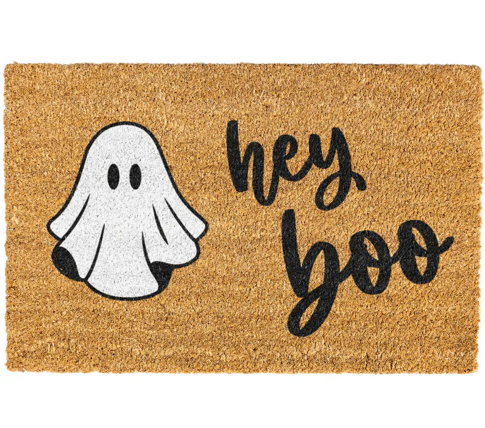 Hey Boo Ghost Door Mat Halloween Decorations Coir Doormat with "Hey Boo" Message Non-Slip Durable Welcome Mat for Outdoor Entrances