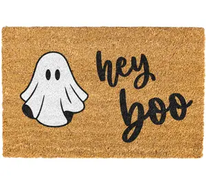 Hey Boo Ghost Door Mat Halloween Decorations Coir Doormat with "Hey Boo" Message Non-Slip Durable Welcome Mat for Outdoor Entrances