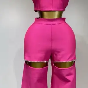 Women's Pink Two Piece pants set with Unique Cutout Design and Sparkling Detailing (pant are not that long)