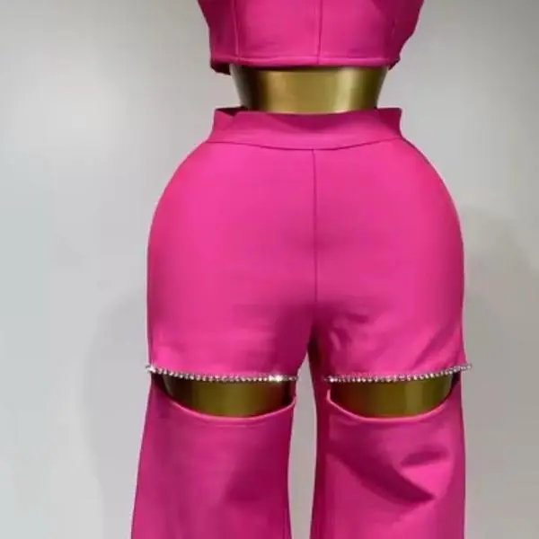 Women's Pink Two Piece pants set with Unique Cutout Design and Sparkling Detailing (pant are not that long)