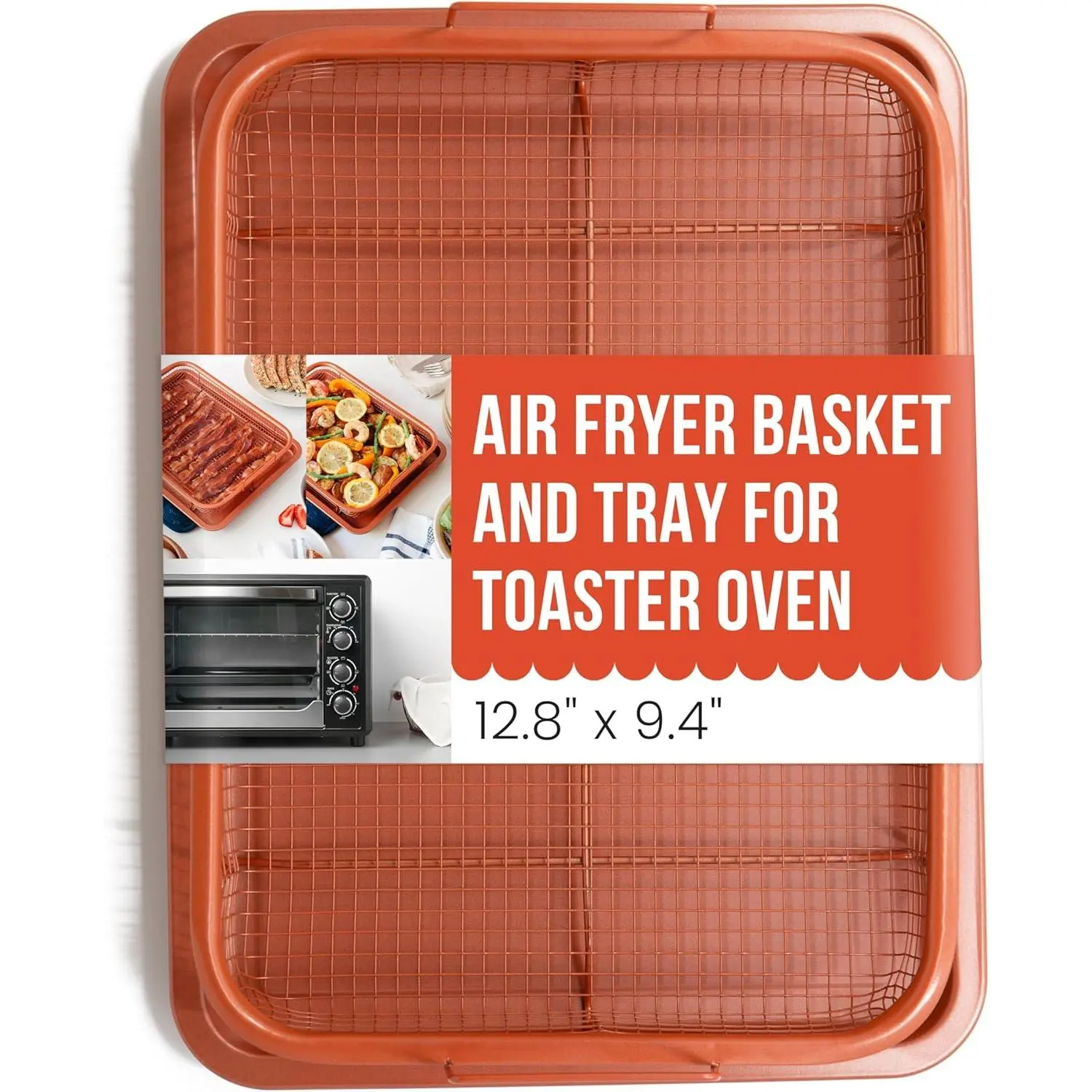 Air Fryer Basket for Oven 12.8" x12.4", 2- Set Air Fryer Pans for Toaster Oven with Air Fryer Option, Rectangle Oil-Free Crisper Tray for Oven, Dishwasher Safe