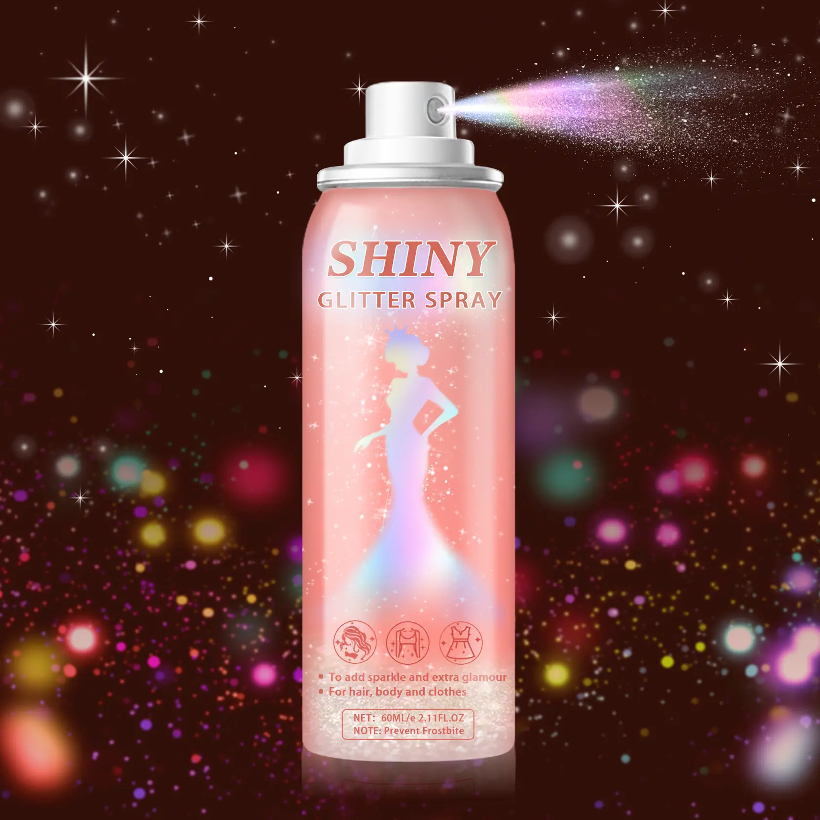 60ml Rainbow Shimmer Spray for Hair and Body in Pink Bottle Ultra-Fine Holographic Glitter Powder Mist, Long-Lasting Glow Spray for Parties & Festivals