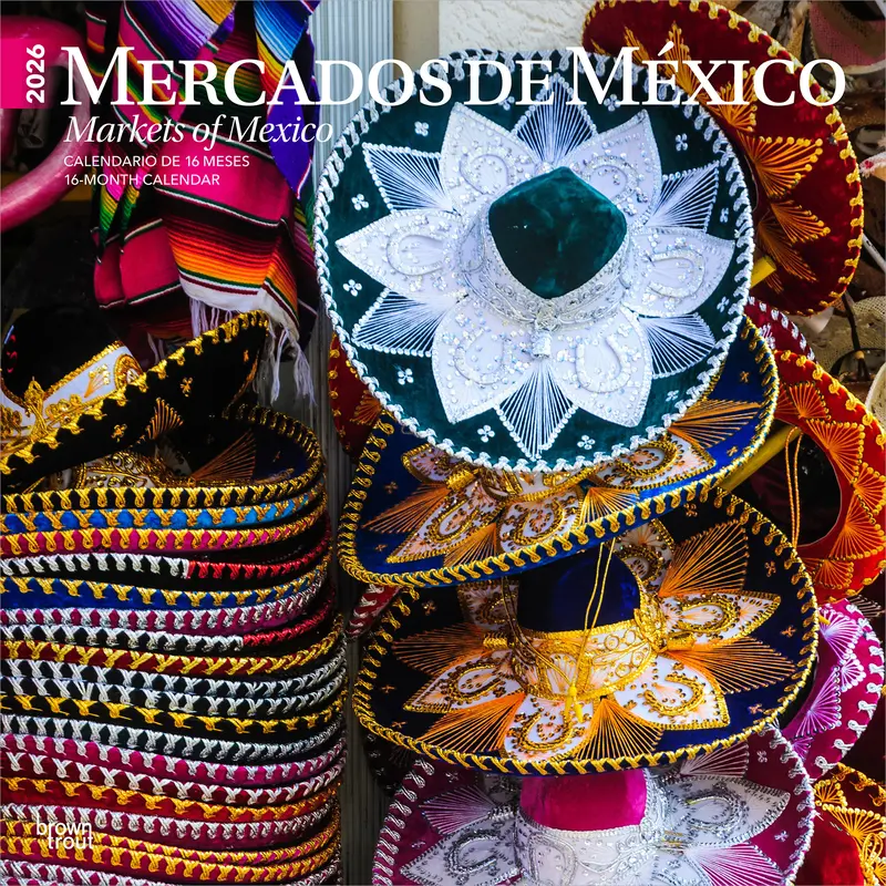 Mercados de Mexico | Markets of Mexico | 2026 12 x 24 Inch (Hanging) Monthly Square Wall Calendar | English/Spanish Bilingual | Plastic-Free | BrownTrout | Clothes Toys Food Shopping 0