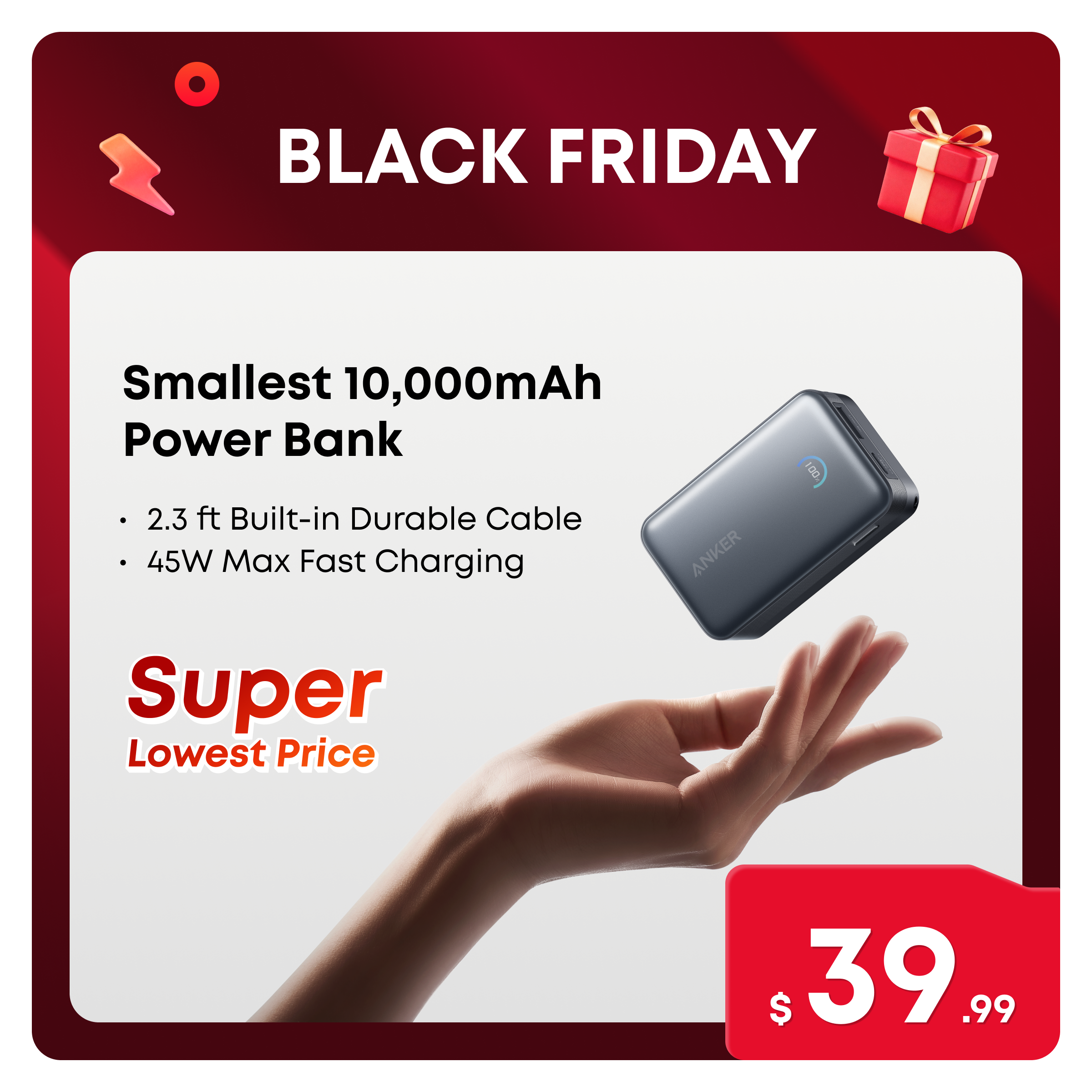 Anker Nano 10,000mAh Compact Power Bank with Retractable Cable and 45W Fast Charging, Travel-Ready and Pocket-Friendly, On-the-Go Charging for iPhone