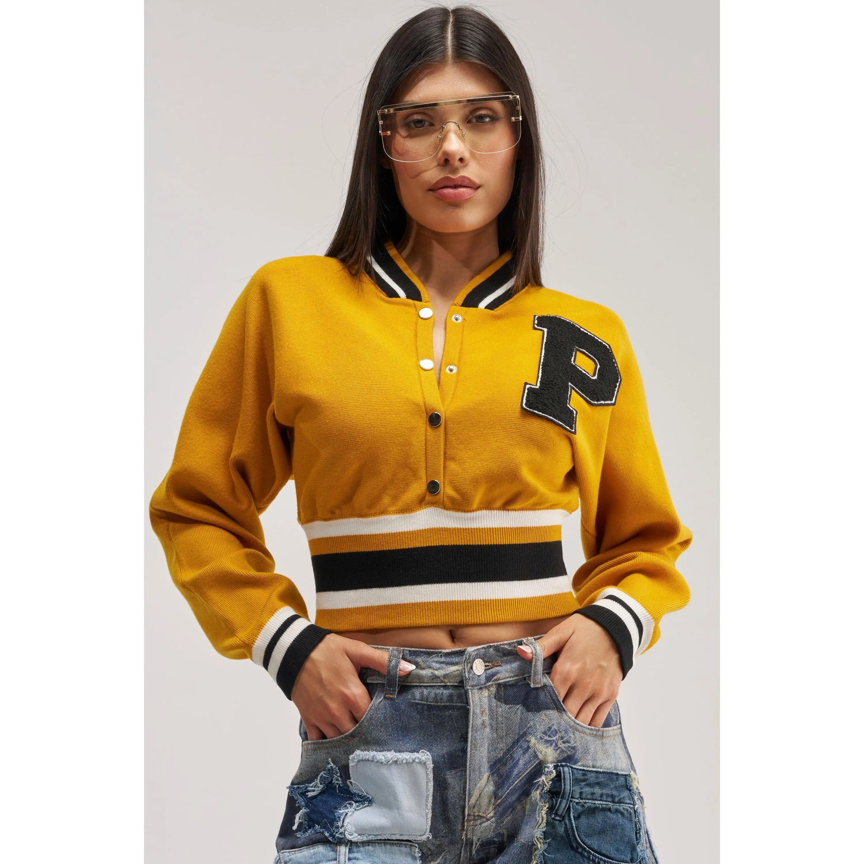 VARSITY TEAM BUTTON DOWN SWEATER IN MUSTARD