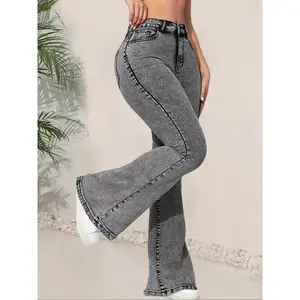 【 plus size 】 Solid color button fly flared pants elastic jeans, casual pocket design flared pants, suitable for daily wear, all season women's underwearRAIMENTRY