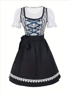 Bavarian Beer Festival Dress with Apron, Traditional German Party Dress, Fitted Print Women's Dress, All Seasons Wear