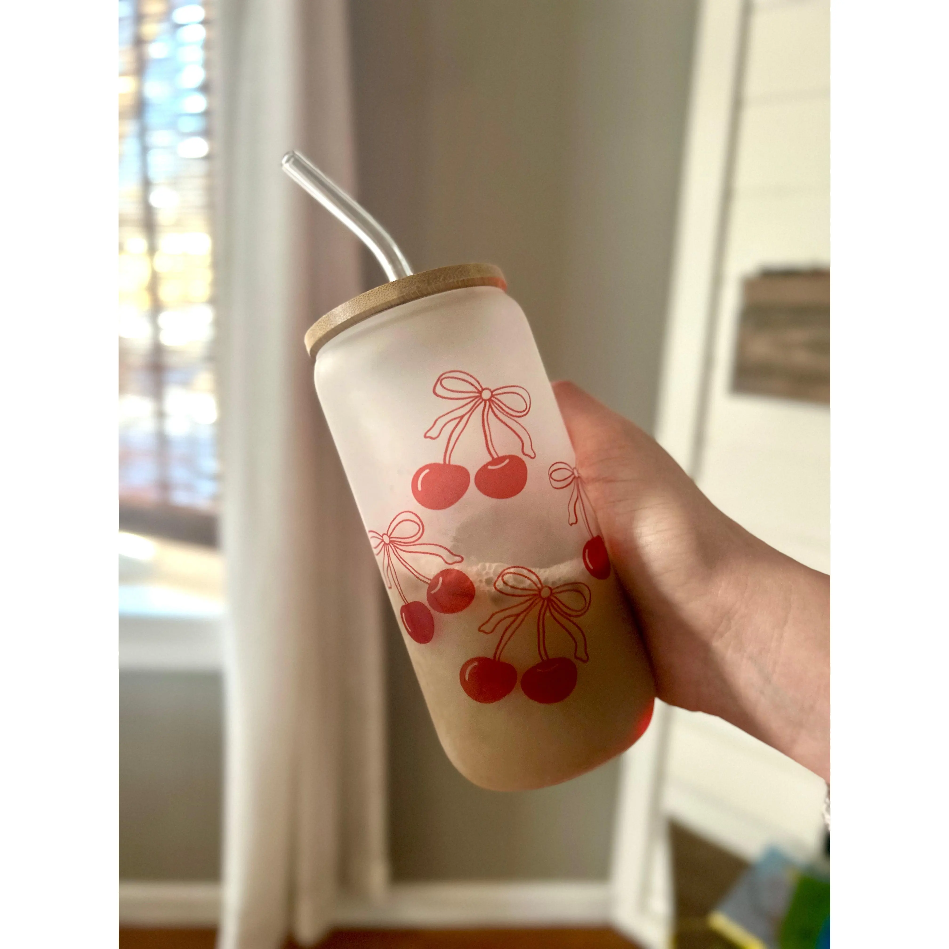 16 Oz Frosted Cherry Bow Glass Cup