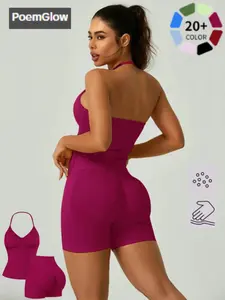 Tummy Control High Waist Yoga Set, Ruched Halter Workout 2 Piece, Butt Lifting Gym Shorts for Women, Comfortable & Stylish, Yoga Gym Outfits, Workout Sets