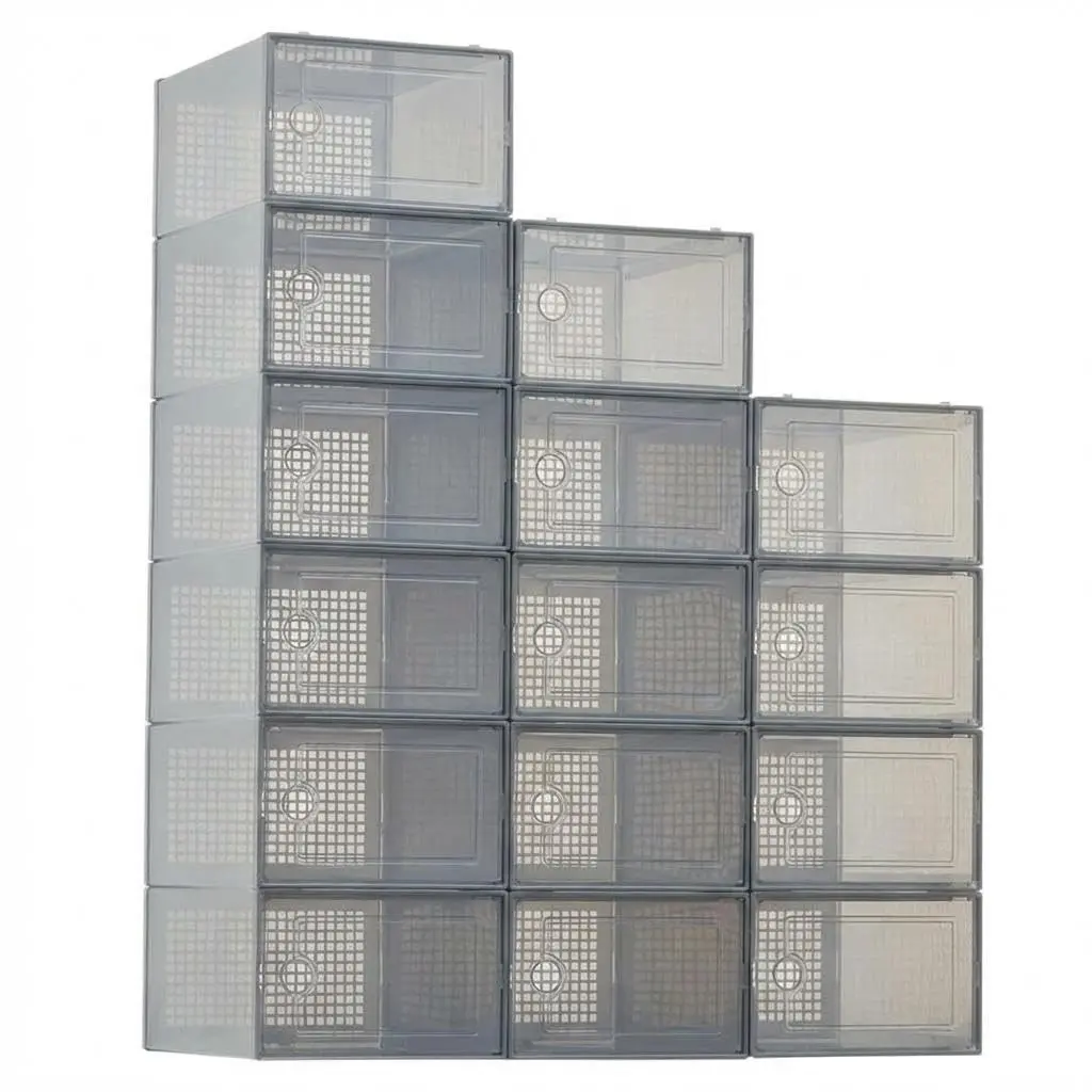 Garvee 15 Pcs Shoe Boxes, Stackable Transparent Plastic Shoe Organizer, Shoe Storage Containers with Lids for Women/Men, Gray
