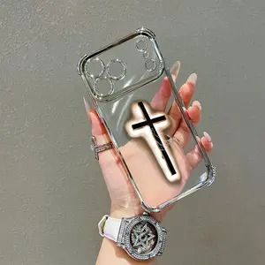Cross-shaped pattern electroplated four-corner airbag shock-proof mobile phone case. Suitable for iPhone 17 Pro Max 16/15/14/13/12/11 Pro Max airbag shock-proof transparent protective case.
