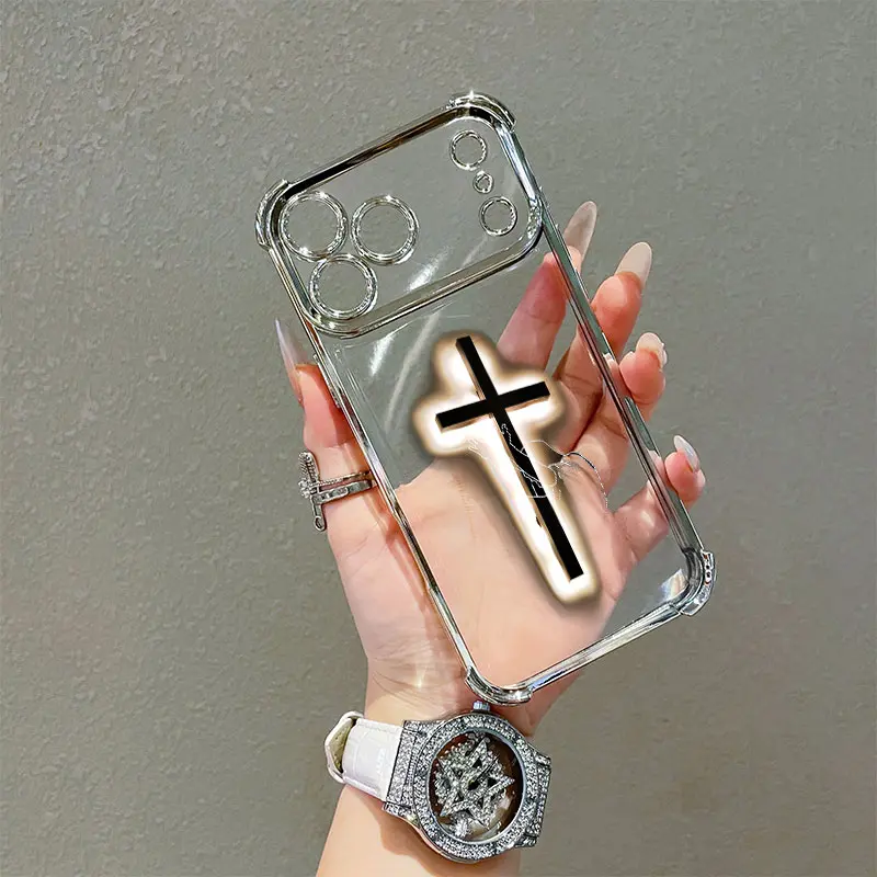 Transparent Cross-Pattern Electroplated TPU Smartphone Case with 4-Corner Airbag Shockproof Protection for iPhone 11-17 Pro Max, Mobile Phone Casing Accessory