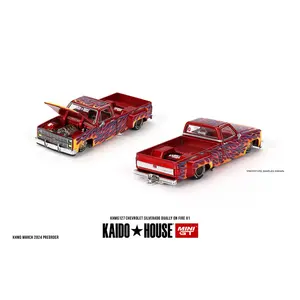 Kaido House Chevrolet Silverado Dually on Fire V1, Red with Flames, 1:64 Scale Diecast Model Car