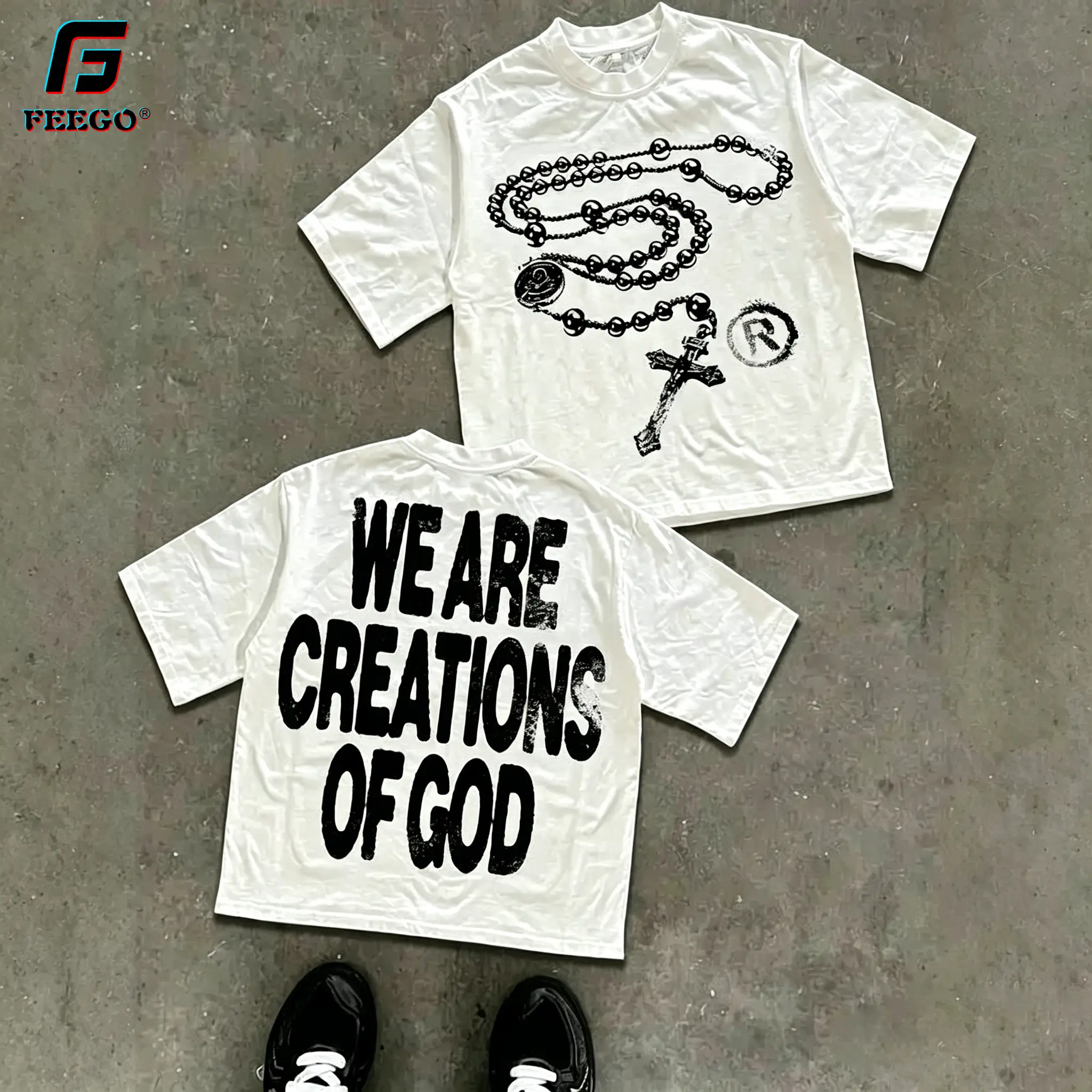 Y2K High - Street Religious - Themed Tee With 'We Are Creations Of God' Slogan (220g Cotton T-Shirt) Printed T-Shirts, Cotton T Shirt Unisex T-Shirts white graphic