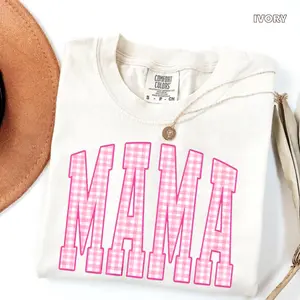 Comfort Colors Pink Gingham Mama T-Shirt, Coquette Bow Mama Tee, Floral Mother’s Day Gift TShirt for Mom
