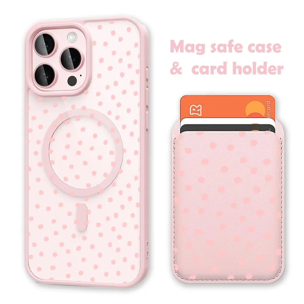 MagSafe Wireless Phone Case with Pink Polka Dot Casing, Magnetic Card Holder Wallet, Shockproof Durable Protection - Accessories for iPhone 17/16 Pro Max, Samsung S25 Devices (Black), Qi2 Wireless Charge