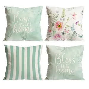Happy Mother's Day Gifts Throw Pillow Covers Set of 4 | Mint Green Home Sweet Home Watercolor Floral Cushion Covers For Mom Sofa Couch Home Decor 0417YD